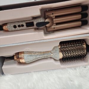 🔹️Glitz & Glam🔹️ silver Hot Air Brush  Rhinestone Hair Dryer and curler Bundle